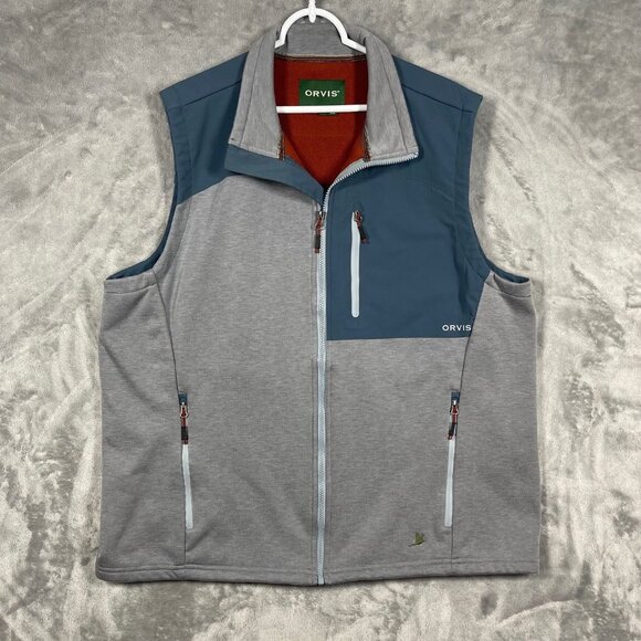 Orvis Mens XL Gray & Blue Fleece Vest With Zipper Pockets & Bird Embroidery - Picture 1 of 9